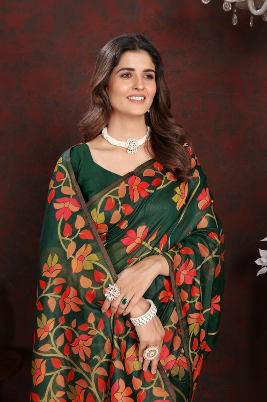 Dhiyona GR Women's Karvaah Cadmium Green Cotton Jamdani Saree