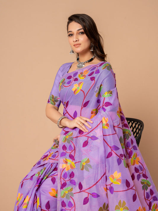 Dhiyona GR Women's Karvaah Iris Purple Cotton Jamdani Saree