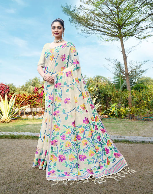 Dhiyona GR Women's Karvaah Off-White Soft Cotton Jamdani Saree