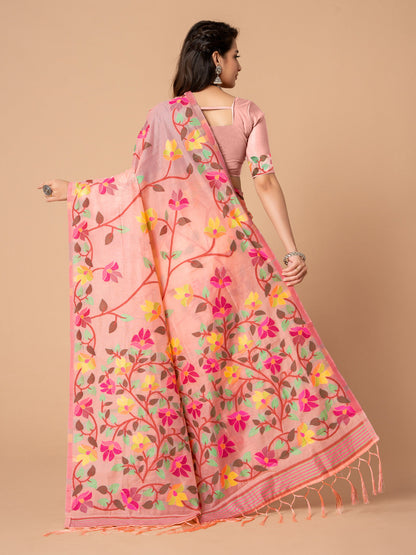 Dhiyona GR Women's Karvaah Rose Pink Cotton Jamdani Saree
