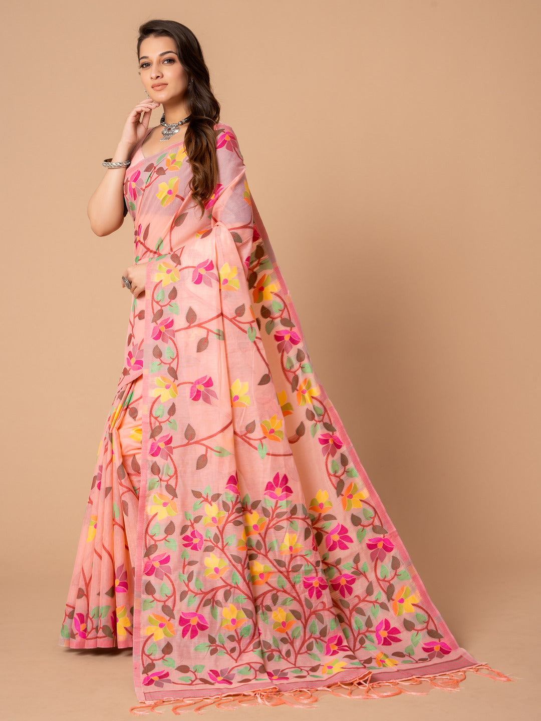 Dhiyona GR Women's Karvaah Rose Pink Cotton Jamdani Saree