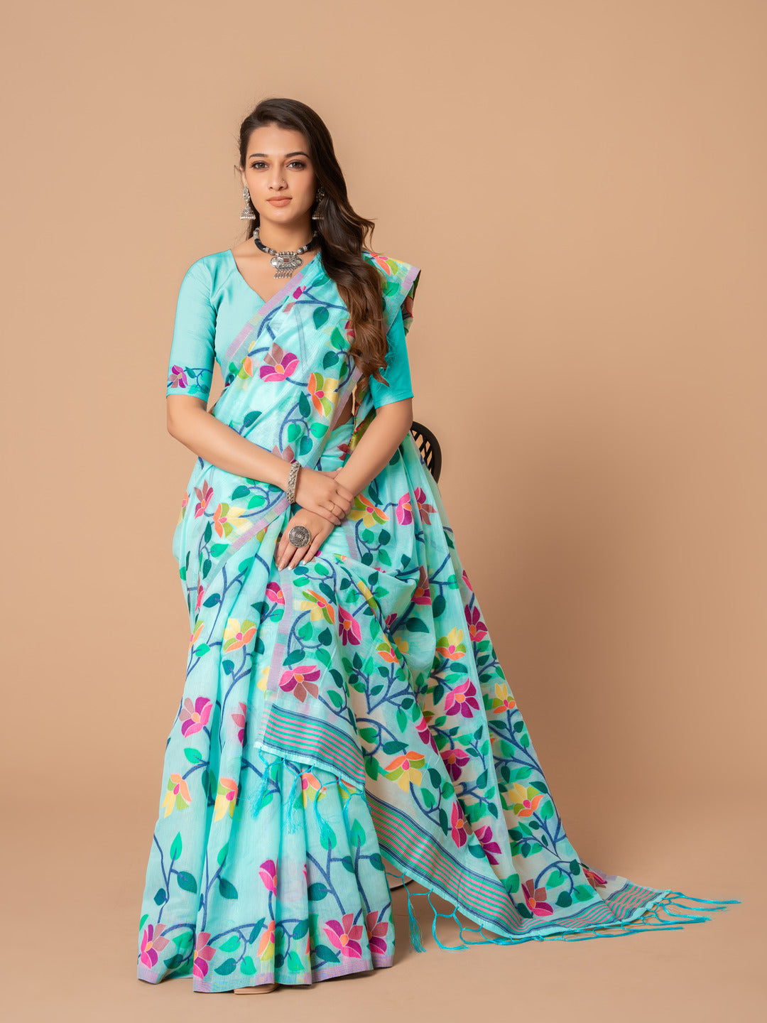Dhiyona GR Women's Karvaah Sky Blue Cotton Jamdani Saree