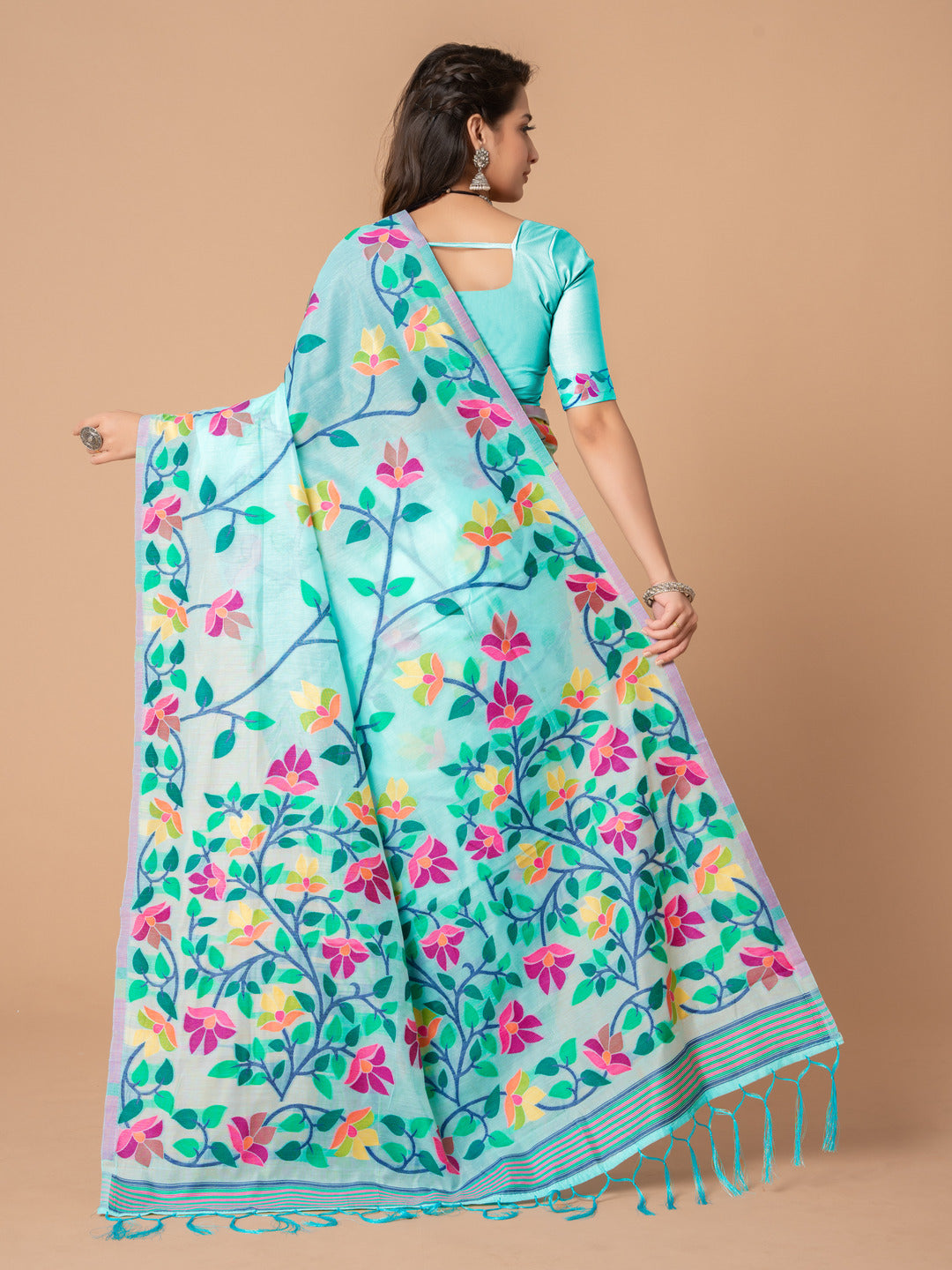 Dhiyona GR Women's Karvaah Sky Blue Cotton Jamdani Saree