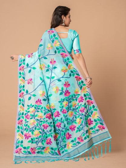 Dhiyona GR Women's Karvaah Sky Blue Cotton Jamdani Saree