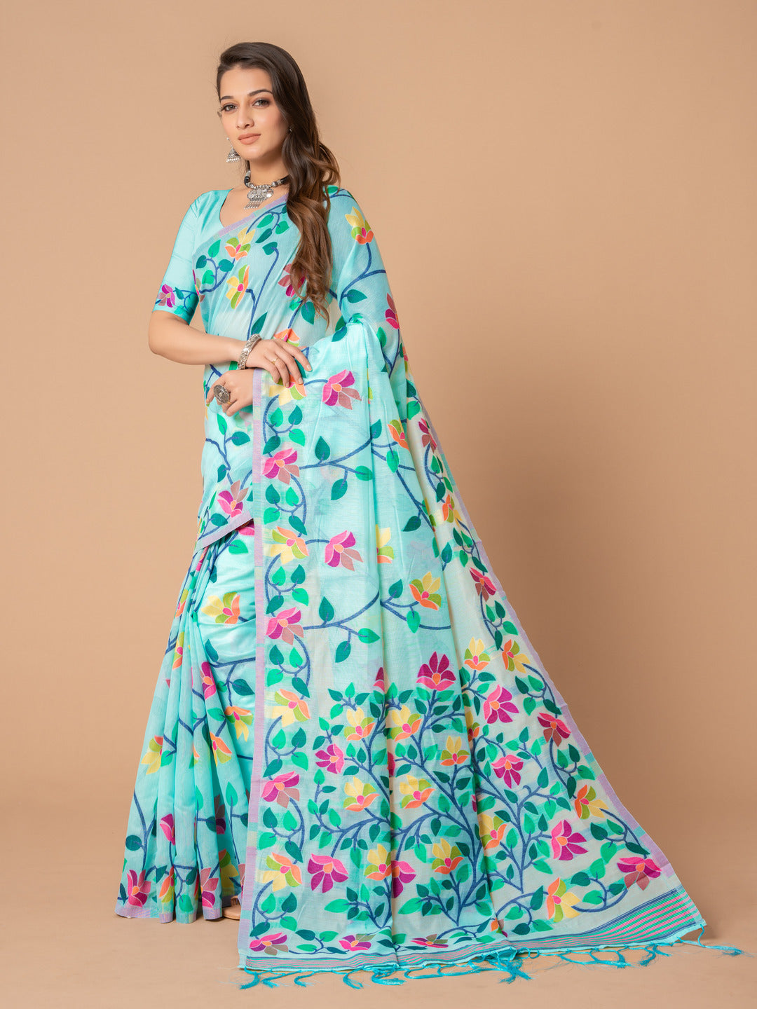 Dhiyona GR Women's Karvaah Sky Blue Cotton Jamdani Saree