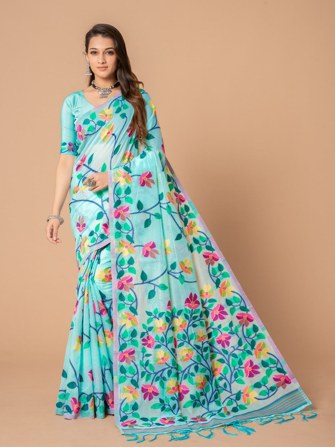 Dhiyona GR Women's Karvaah Sky Blue Cotton Jamdani Saree