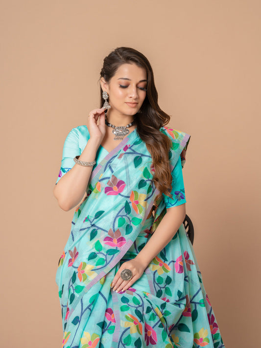 Dhiyona GR Women's Karvaah Sky Blue Cotton Jamdani Saree