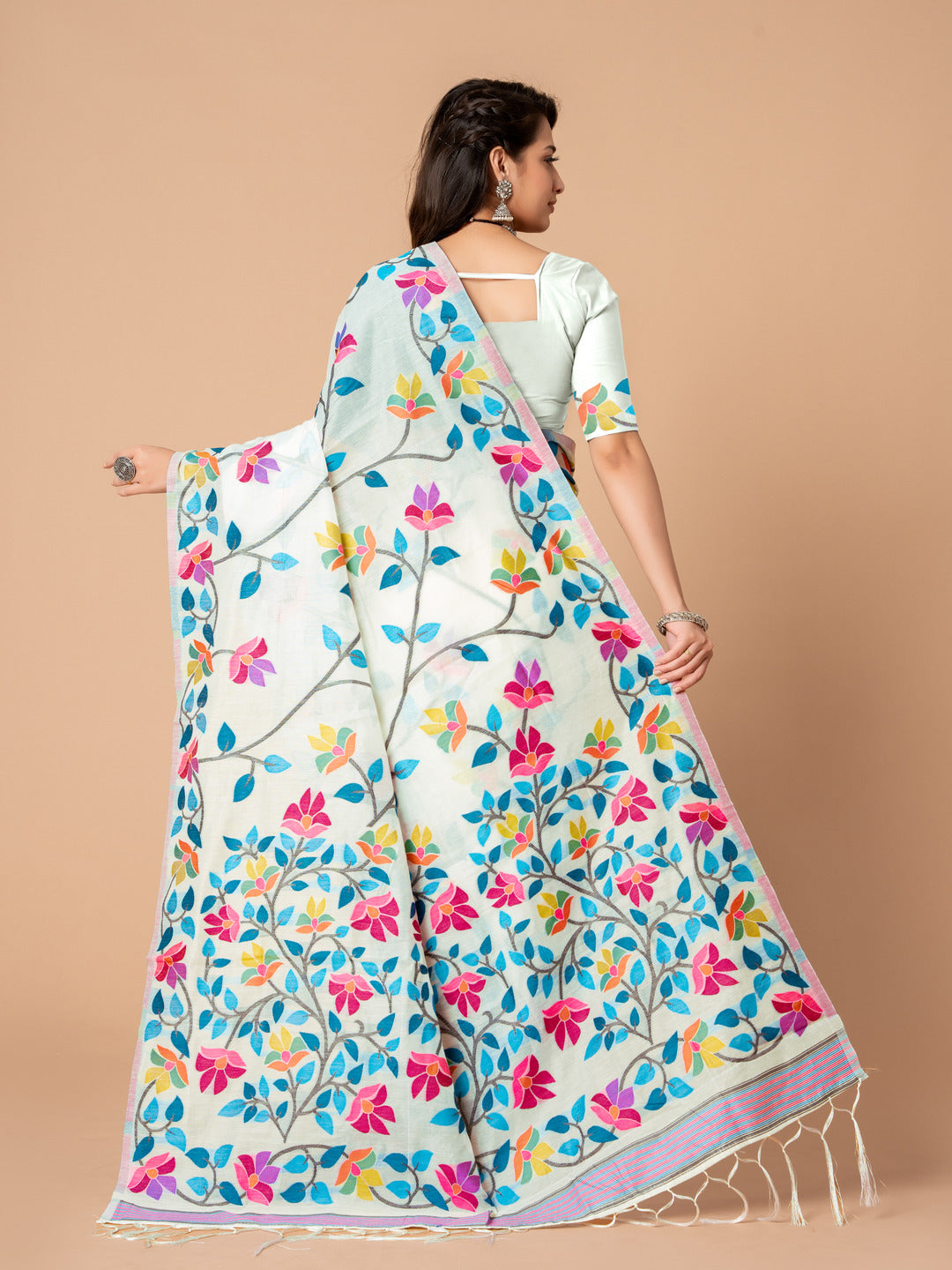 Dhiyona GR Women's Karvaah White Cotton Jamdani Saree