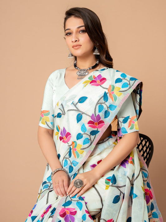 Dhiyona GR Women's Karvaah White Cotton Jamdani Saree