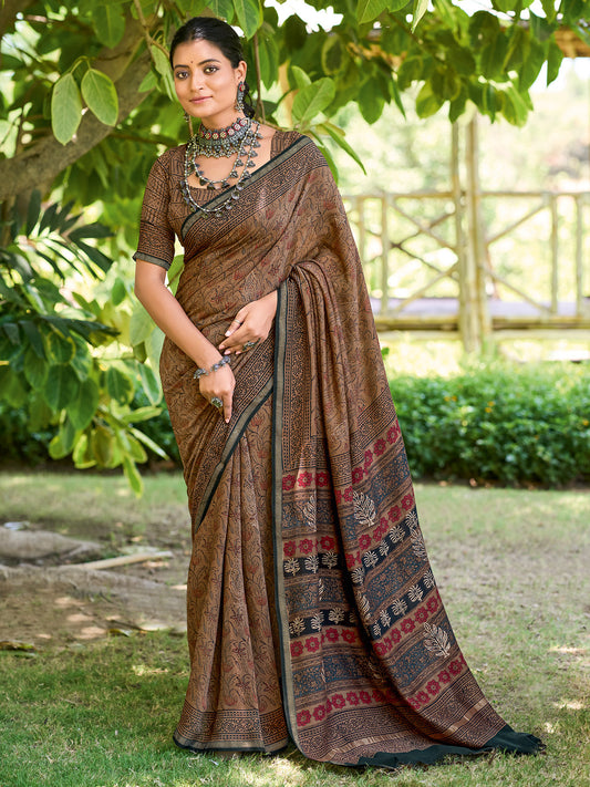 Women's Cotton Brown Printed Designer Saree With Blouse Piece