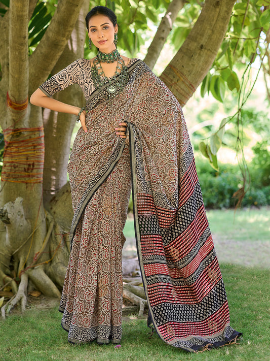 Women's Cotton Beige Printed Designer Saree With Blouse Piece