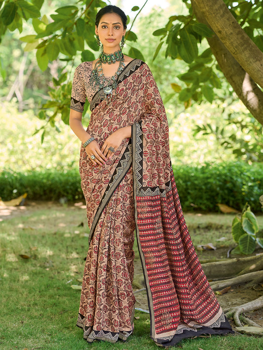 Women's Cotton Beige Printed Designer Saree With Blouse Piece