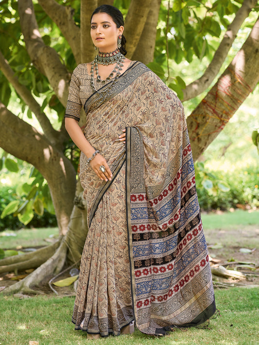Women's Cotton Beige Printed Designer Saree With Blouse Piece