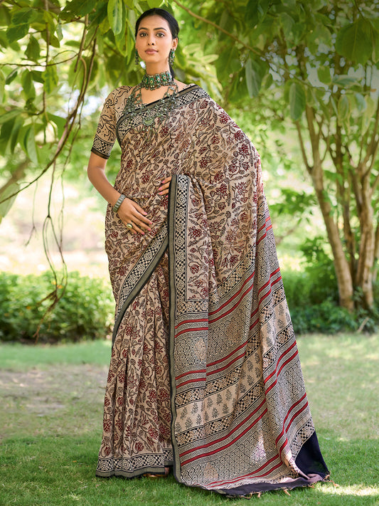 Women's Cotton Beige Printed Designer Saree With Blouse Piece