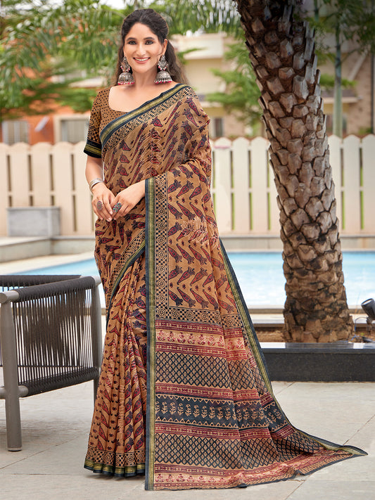 Women's Cotton Brown Printed Designer Saree With Blouse Piece