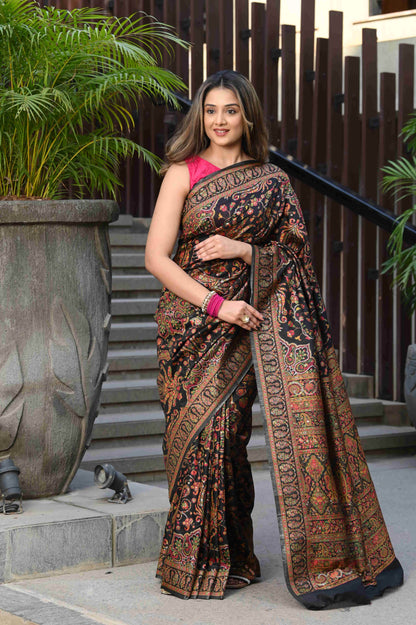 Dhiyona GR Women's Kashida Bitter Black Jamewar Kashmiri Soft Modal Silk Saree