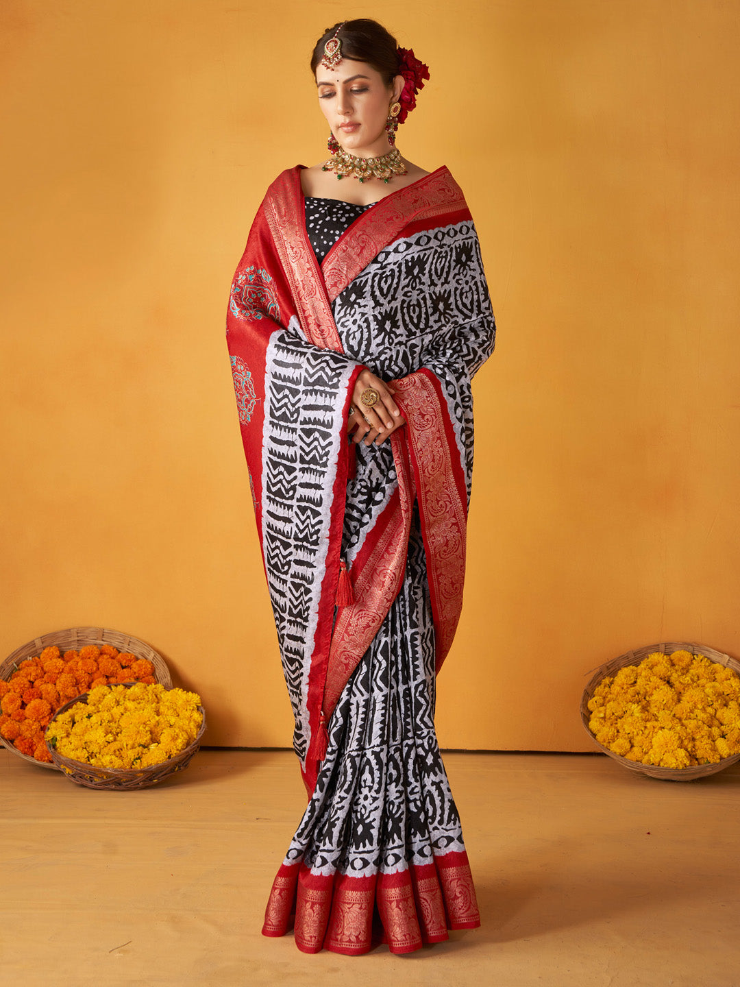 Women's Tussar Silk Black Printed Designer Saree With Blouse Piece