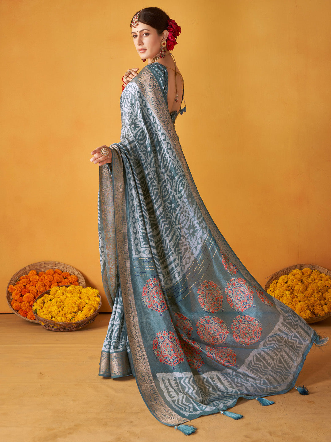 Women's Tussar Silk Grey Printed Designer Saree With Blouse Piece