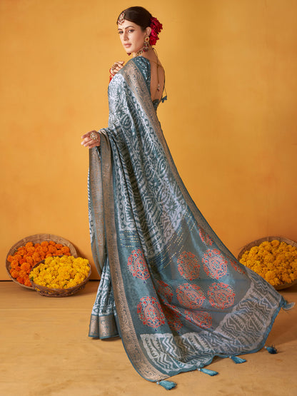 Women's Tussar Silk Grey Printed Designer Saree With Blouse Piece