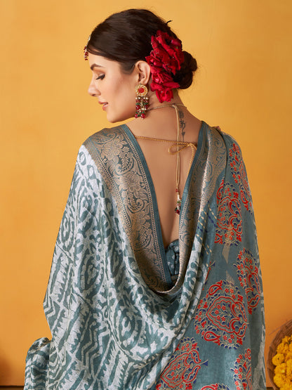 Women's Tussar Silk Grey Printed Designer Saree With Blouse Piece