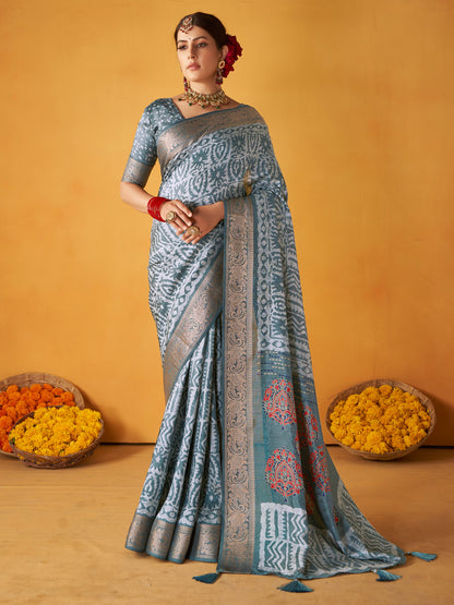 Women's Tussar Silk Grey Printed Designer Saree With Blouse Piece