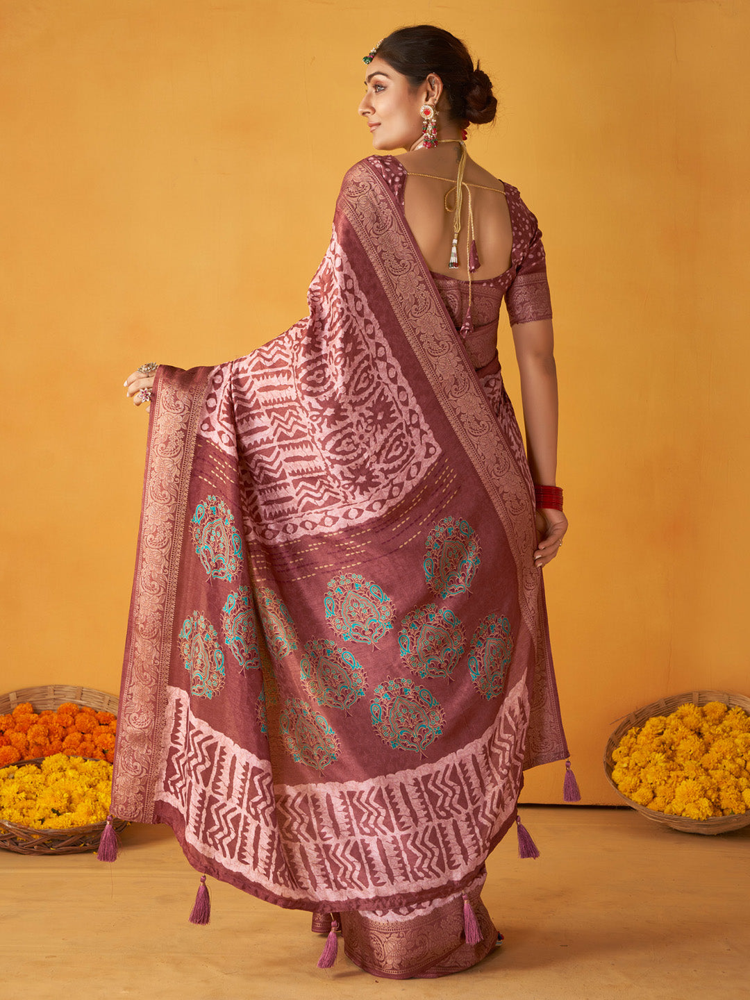 Women's Tussar Silk Brown Printed Designer Saree With Blouse Piece