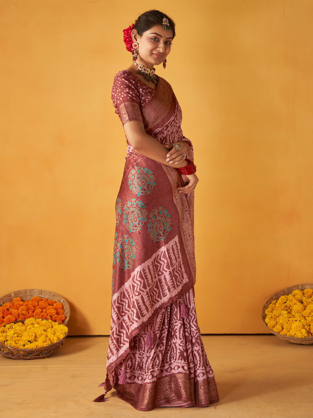 Women's Tussar Silk Brown Printed Designer Saree With Blouse Piece