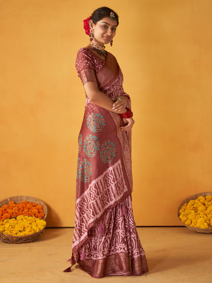 Women's Tussar Silk Brown Printed Designer Saree With Blouse Piece