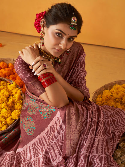 Women's Tussar Silk Brown Printed Designer Saree With Blouse Piece