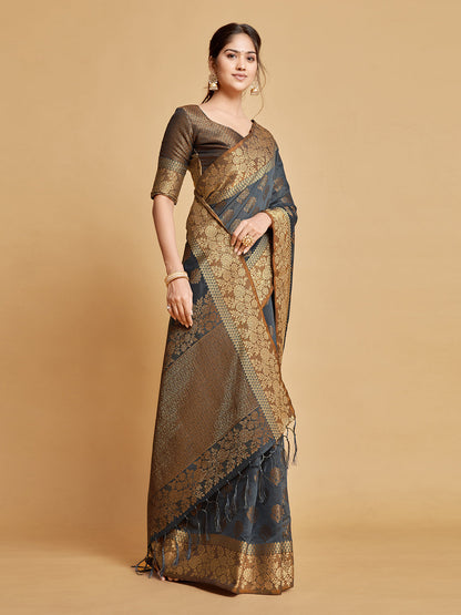 Dhiyona GR Women's Kashvi Mouse Grey Zari Woven Design Chanderi Cotton Saree