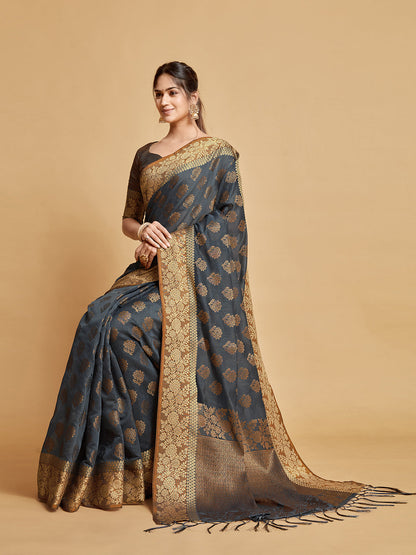 Dhiyona GR Women's Kashvi Mouse Grey Zari Woven Design Chanderi Cotton Saree