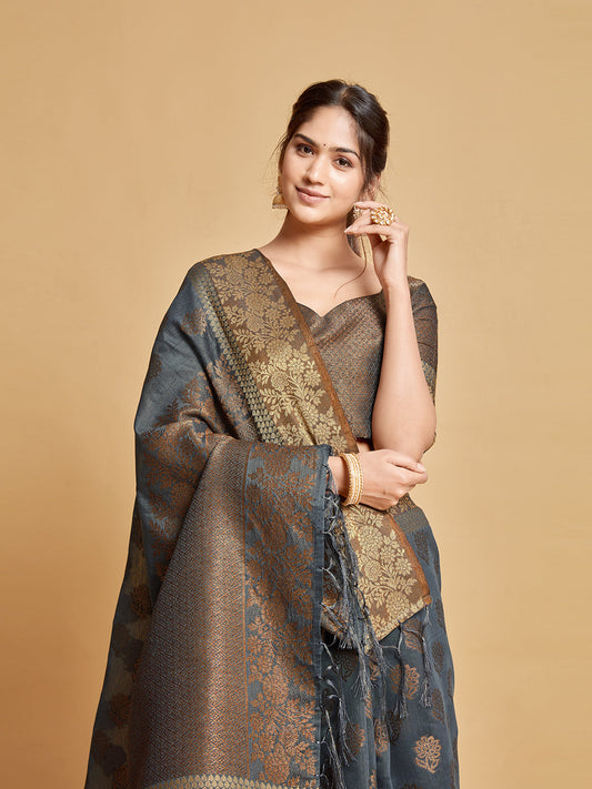 Dhiyona GR Women's Kashvi Mouse Grey Zari Woven Design Chanderi Cotton Saree