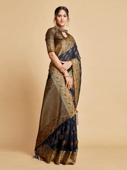 Dhiyona GR Women's Kashvi Berry Blue Zari Woven Design Chanderi Cotton Saree