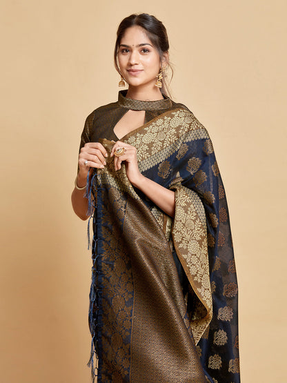 Dhiyona GR Women's Kashvi Berry Blue Zari Woven Design Chanderi Cotton Saree