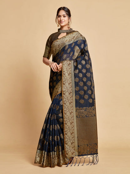 Dhiyona GR Women's Kashvi Berry Blue Zari Woven Design Chanderi Cotton Saree