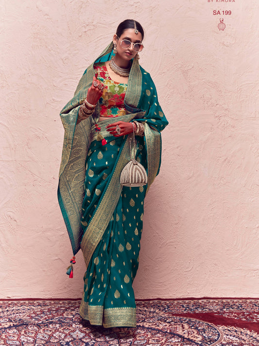 Dhiyona KM Women Exquisite Green Silk Saree With Golden Zari Work - Perfect For Mehendi & Festive Celebrations