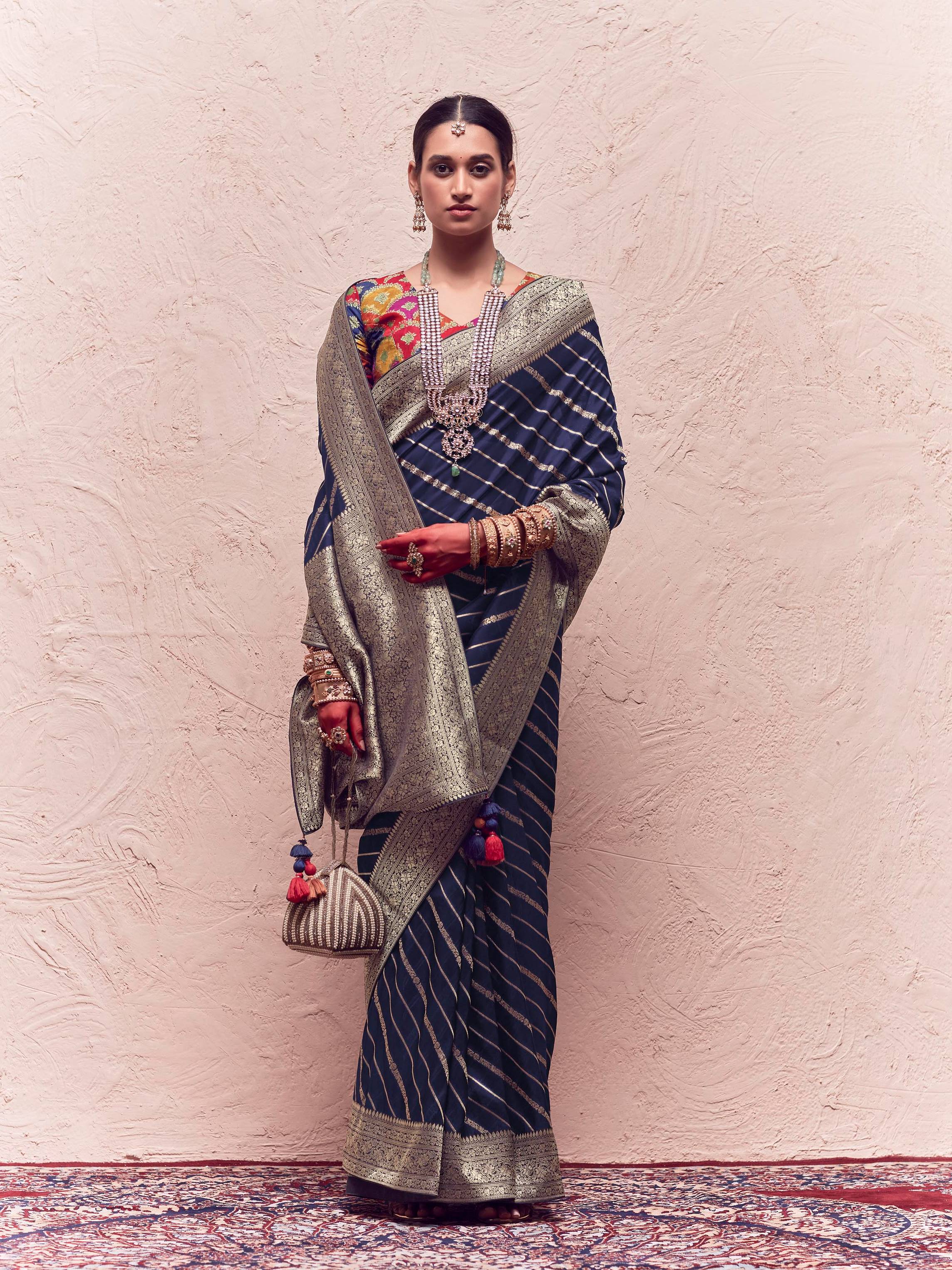 Dhiyona KM Women Navy Blue Crepe Silk Saree With Multicolor Blouseblue Crepe Silk Saree