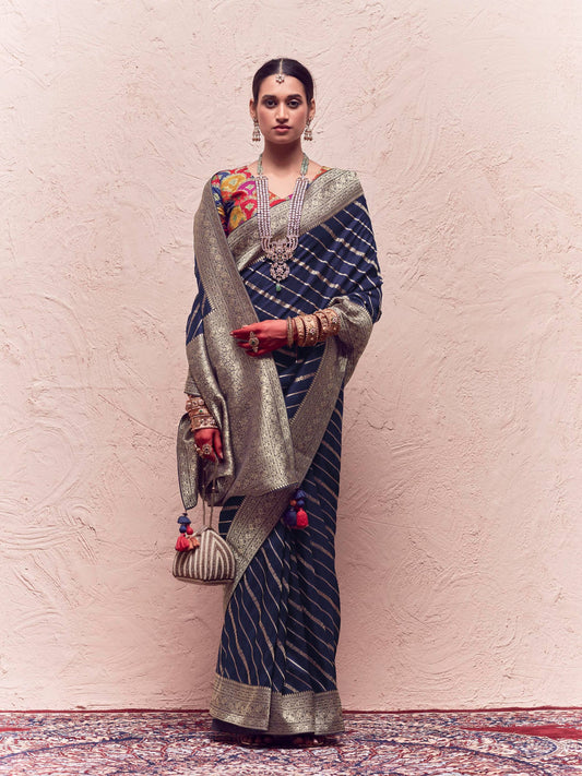 Dhiyona KM Women Navy Blue Crepe Silk Saree With Multicolor Blouseblue Crepe Silk Saree