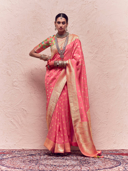 Dhiyona KM Women Magenta Pink Pure Crepe Silk Saree