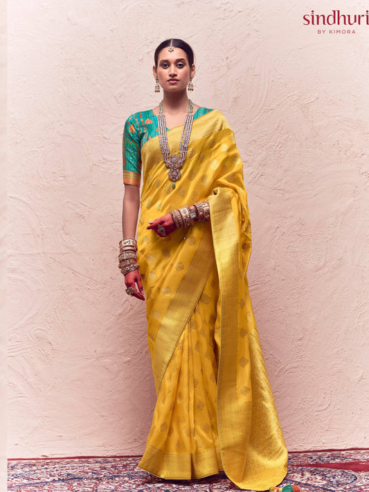 Dhiyona KM Women Yellow Premium Crepe Silk Saree With Golden Zari “ Perfect For Haldi & Festive Occasions