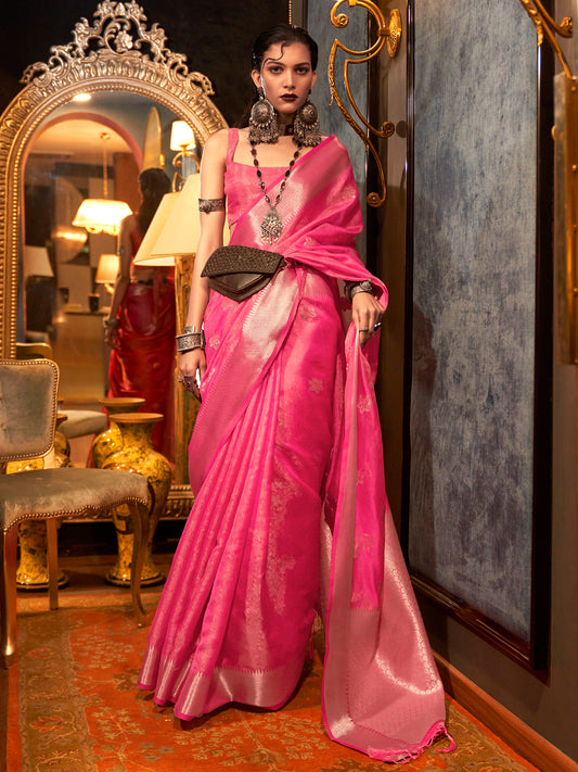Women's Organza Pink Woven Design Designer Saree With Blouse Piece