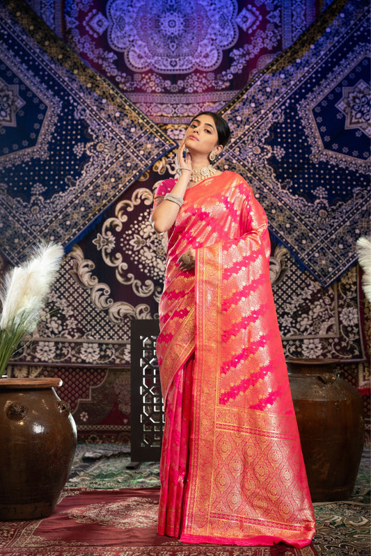 Dhiyona GR Women's Kavya Silk Pink Banarasi Silk Woven Saree