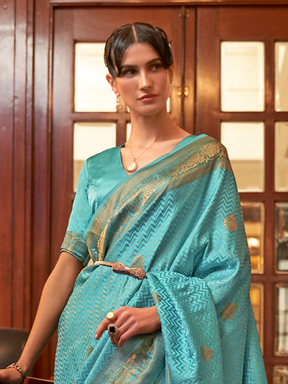 Women's Silk Blend Turquoise Woven Design Designer Saree With Blouse Piece