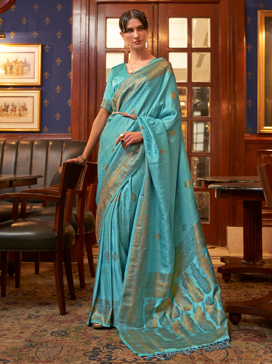 Women's Silk Blend Turquoise Woven Design Designer Saree With Blouse Piece