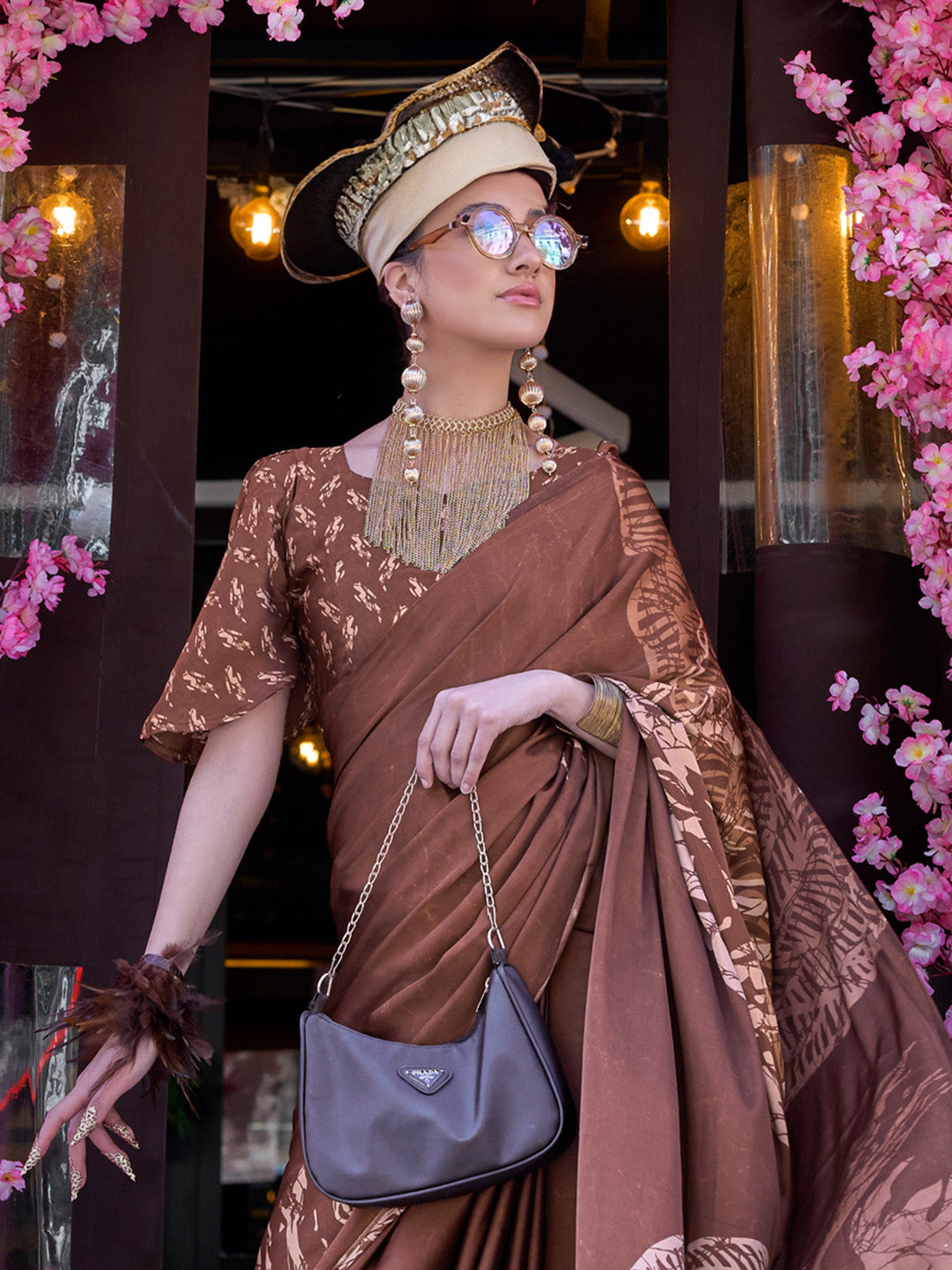 Women's Crepe Brown Printed Designer Saree With Blouse Piece