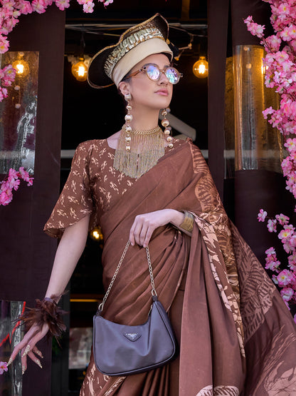 Women's Crepe Brown Printed Designer Saree With Blouse Piece