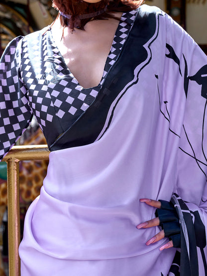 Women's Crepe Lavendar Printed Designer Saree With Blouse Piece