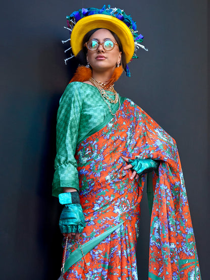 Women's Crepe Turquoise Printed Designer Saree With Blouse Piece