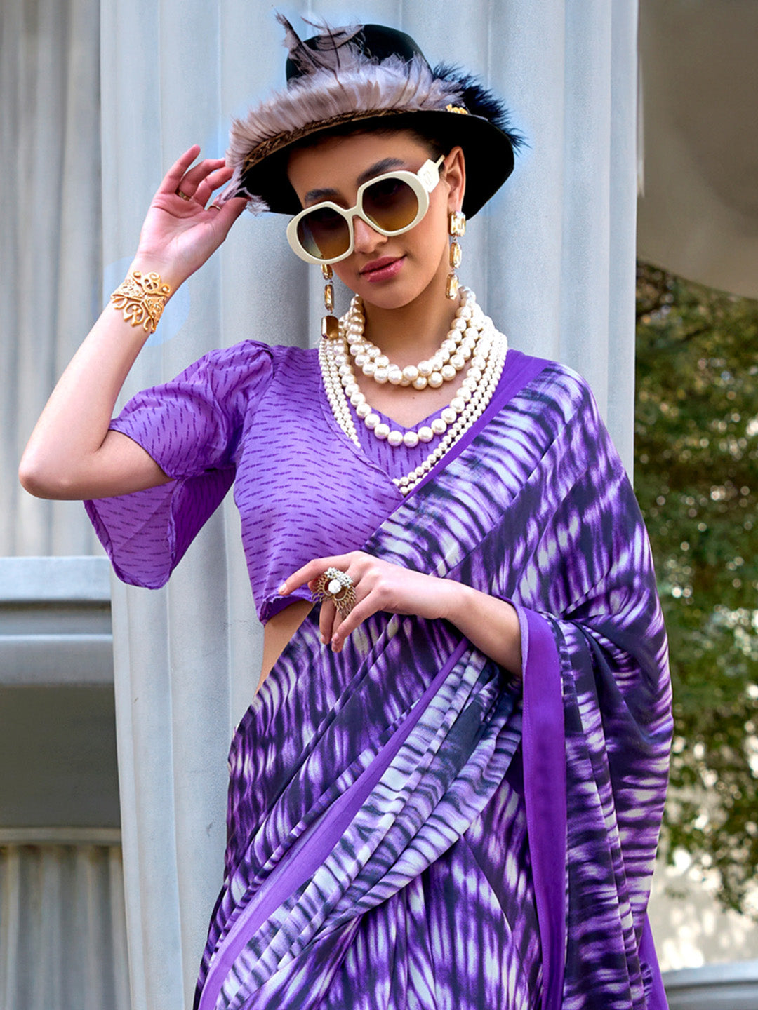 Women's Crepe Purple Printed Designer Saree With Blouse Piece