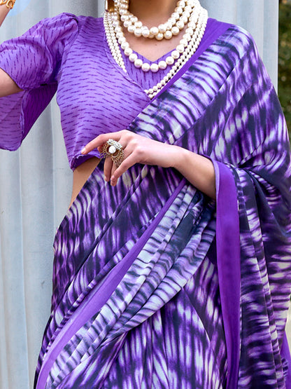 Women's Crepe Purple Printed Designer Saree With Blouse Piece